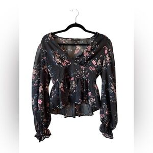 Forever 21 Black Floral Peplum Semi Sheer Blouse Size Small